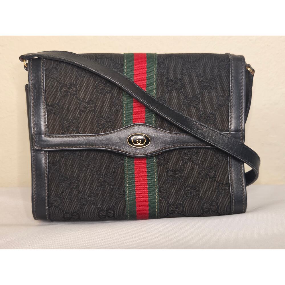 Gucci Black GG Monogram Web Stripe Crossbody Bag Vintage Ophidia Denim Leather